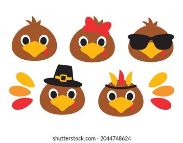 Set of cute boy and girl baby turkey faces vector illustration. Turkey faces with bow, sunglasses, hat, and headband illustration.