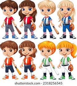 Set of cute boy and girl baseball player cartoon character with diffrent hair colour illustration