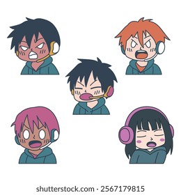 Set of Cute Boy Girl Gamer Anime Cartoon Character Wearing Headset with Shouting Angry Expression