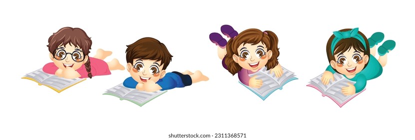 Conjunto de niños y niñas lindos con un libro, de vuelta a la escuela, educación, impresión, arte, doodle, ilustración vectorial (Vector)