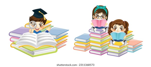 Set of cute boy and girl students with a book, back to school, education, print, artwork, doodle, vector illustration (Vector)