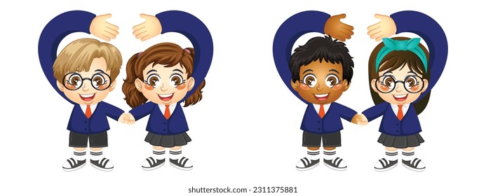 Set of a cute boy and girl students showing love with hands, back to school, education, print, artwork, doodle, vector illustration (Vector)