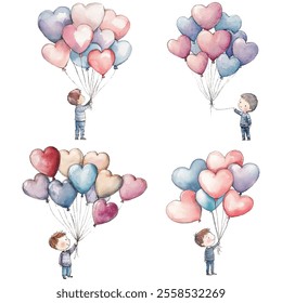 Set cute boy holding balloon hearts shape for Valentine's day element