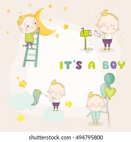 Conjunto de ilustraciones de Cute Boy. para la ducha o tarjeta de llegada del bebé, en vector