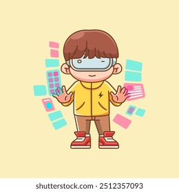 set Cute boy interact virtual reality glasses vr chibi kawaii character mascot illustration outline style
