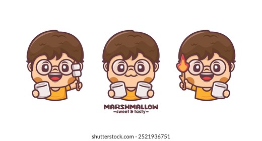 conjunto de menino bonito com design de personagem de desenho animado marshmallow, ilustração vetorial em estilo de contorno.