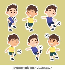 Set of cute boy playing a football in different action in cartoon character, vector illustration