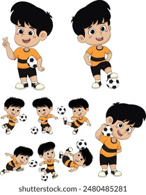 Set of cute boy playing football cartoon vector