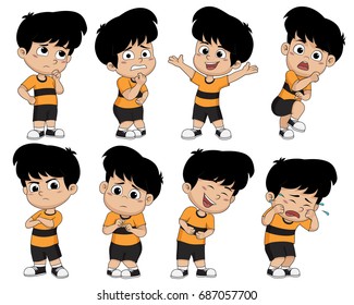 Set of cute boy pose showing different emotions.Basic seven of emotion.Vector and illustration.