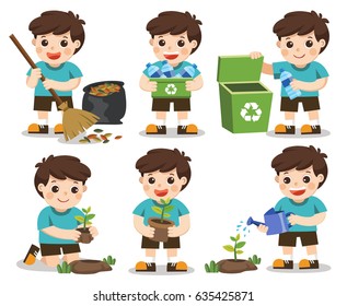 Set of A cute boy. Save Earth. Waste recycling. Girls planted and watering young trees. He is gathering garbage and plastic waste for recycling.
Isolated white background