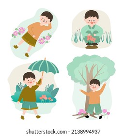 Set of cute boy in various activity in park, sleep, plant flower in garden, walking with umbrella and standing under large tree in cartoon character for graphic designer, vector illustration