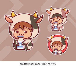 set of cute boy wear custom cow with milk mascot logo with optional appearance. premium kawaii vector