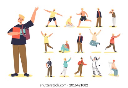 Set of cute boy wearing glasses and holding books, lifestyle icons of small teen kid or schoolboy cartoon character. Happy child running, jumping, sitting and walking. Flat vector illustration