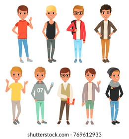 Set of cute boys characters dressed in stylish casual clothing. Kids posing with smiling face expressions. Children wear. Cartoon flat vector design