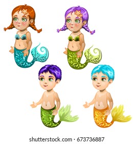 Set of cute boys and girls mermaids isolated on a white background. Cartoon vector close-up illustration.
