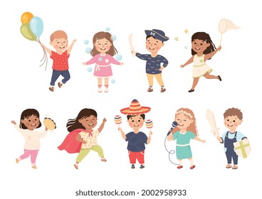 Set of Cute Boys and Girls Performing Activities or Doing Hobbies, Adorable Kids Leisure Activity Concept Cartoon Vector Illustration