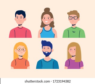 set of cute boys and girls user with casual clothes, vector illustration