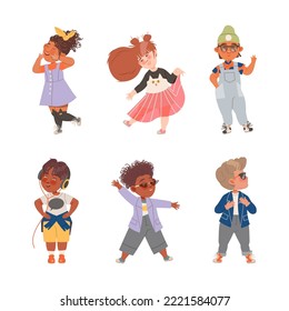 Set of cute boys and girls wearing trendy stylish clothes vector illustration