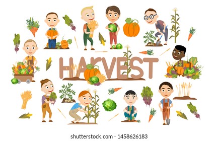 A set of cute boys harvest vegetables and cereals. Harvest cabbage, potatoes, carrots, beets, pumpkins, corn and wheat. Collection of people doing farming job. Vector illustration of kids