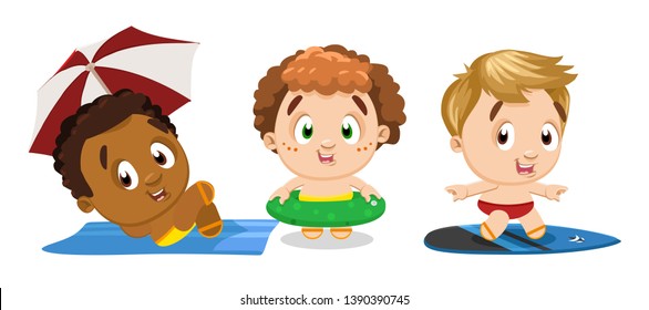 Set of cute boys with surfboard, inflatable ring spending time on beach. Multiracial children surfing, floating, sunbathing, relaxing under umbrella. Vector cartoon clip art isolated on white.