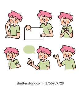 set of cute boys and text space emotions set and cartoon explanation character