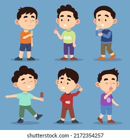 Conjunto de chicos lindos en diversas acciones y emociones durante el consumo de helado en personaje de dibujos animados, ilustración vectorial