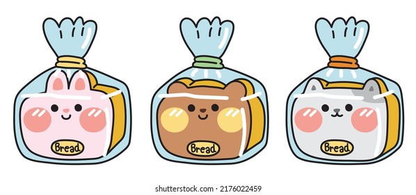 Set of cute bread in animal face shape.Funny character cartoon design collection.Rabbit,bear,cat hand drawn.Breakfast.Isolated.Kawaii.Vector.Illustration.