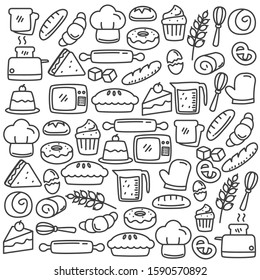 Set of cute bread and bakery doodle vector illustration. Bread and bakery doodle background 