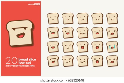 Set of Cute Bread Slice Emoji Line Icons In Different Expressions