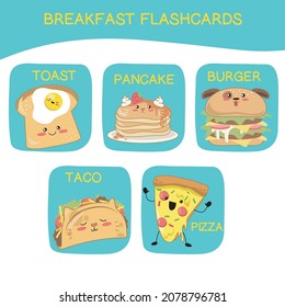 Set of cute breakfast flashcard vector. Kawaii smiling food. Cute vector set. Various tasty food with faces. Hand-drawn vector set.  Flashcard for preschool children.