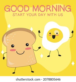 Set of cute breakfast flashcard vector. Cute illustration toast and fried egg. Kawaii smiling food. Cute vector set. Various tasty food with faces. Hand-drawn vector set. 