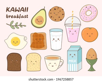 Set of cute breakfast food icons in kawaii style. Healthy breakfast meal ingredients.