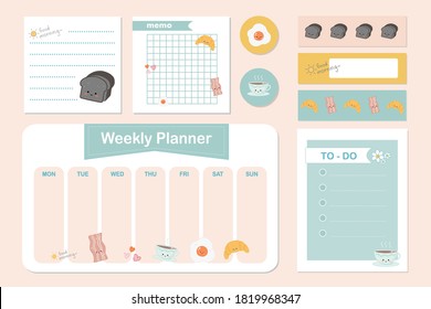 Set of cute breakfast note papers ,sticker and sticky tape. Collection of weekly planner and notepad. Blank post for message, to do list, memory template ,text box ,banner frame background vector