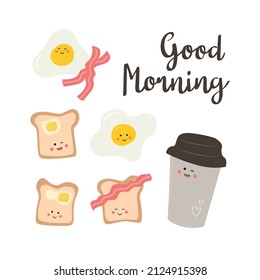Set of cute breakfast vector food. Card with text