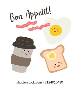 Set of cute breakfast vector food. Card with text