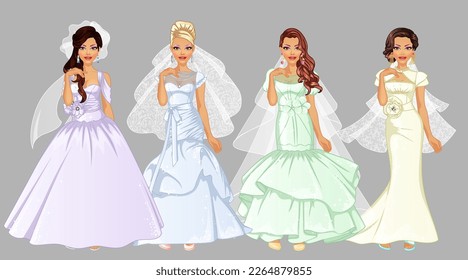 Set of Cute Bride Cartoon Characters Wearing Wedding Gowns and Veils. Vector Illustration