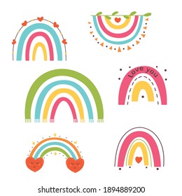 Set of cute bright baby rainbows with hearts, clouds, rain in childish isolated on white background. Collection doodle, hand-drawn vector design baby cute. Modern baby, kid illustrations