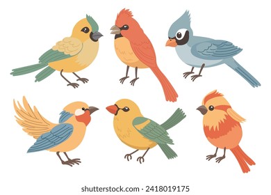 Conjunto de lindos pájaros brillantes. Conjunto de varios pájaros primaverales. Iconos primaverales al estilo de dibujos animados planos. Ilustración al estilo de los niños. Vector