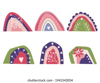 Conjunto de colores brillantes y Cute Arcoiris con corazón. Resumen Clásico decorativo para los niños. Decoración del Boho Home. Grupo de elementos para el saludo de la ducha de bebé, tarjeta para niños.