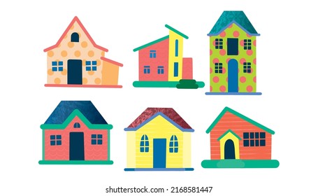 Set of cute bright colored houses with different textures