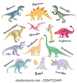 Set of cute bright dinosaurs including T-rex, Brontosaurus, Triceratops, Velociraptor, Pteranodon, Allosaurus, etc. Isolated on white Trend illustration for kid