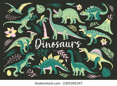 Set of cute bright dinosaurs including T-rex, Brontosaurus, Triceratops, Velociraptor, Pteranodon, Allosaurus, etc. Isolated on dark with green plants Trend illustration for kid