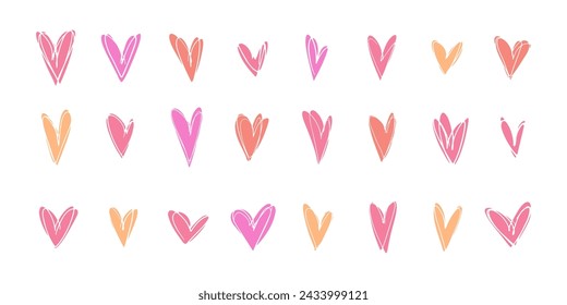 Set of cute bright doodle hand drawn pink, orange, red hearts with messy white textured lines for lovely Valentines day greeting cards and banners design, love stickers