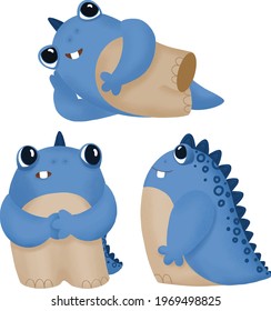 A set of cute bright illustrations with a cartoon alien in different poses