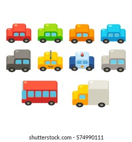 Set of cute bright isometric cartoon cars. Isolated flat vector vehicles illustration.