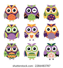 Set of cute bright owls. Owls with different emotions. Vector illustration isolated on white background.