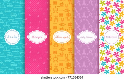 Set of Cute bright seamless child patterns. Vector illustration bright design. Abstract seamless hand drawn patterns on vibrant background. Baby shower invitation
