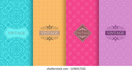 Set of Cute bright seamless patterns with frames. Seamless patchwork in turkish style on vibrant background. Islam, Arabic, Indian, ottoman motifs. Vector hand drawn illustration.