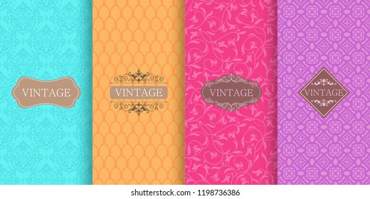 Set of Cute bright seamless patterns with frames. Seamless patchwork in turkish style on vibrant background. Islam, Arabic, Indian, ottoman motifs. Vector hand drawn illustration.