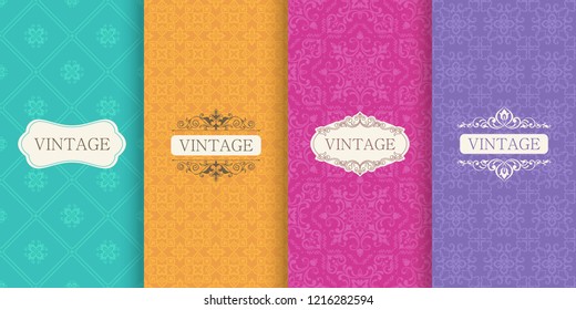 Set of Cute bright seamless patterns with frames. Seamless patchwork in turkish style on vibrant background. Islam, Arabic, Indian, ottoman motifs. Vector hand drawn illustration.